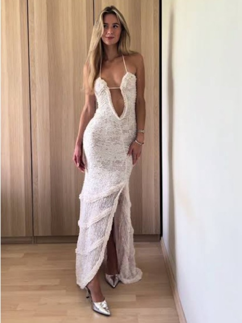 BAD SOCIETY CLUB White Textured Plunge Maxi Dress (Paco Dress)